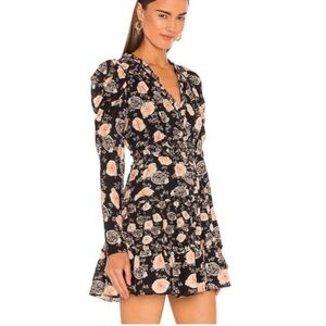 Ulla Johnson Black Floral V-Neck Long Sleeve Mini Dress